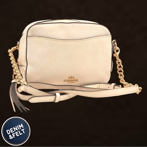COACH White/Cream Leather Camera Gold Chain Shoulder/Cross Body Bag/Purse 💜 - Picture 1 of 16